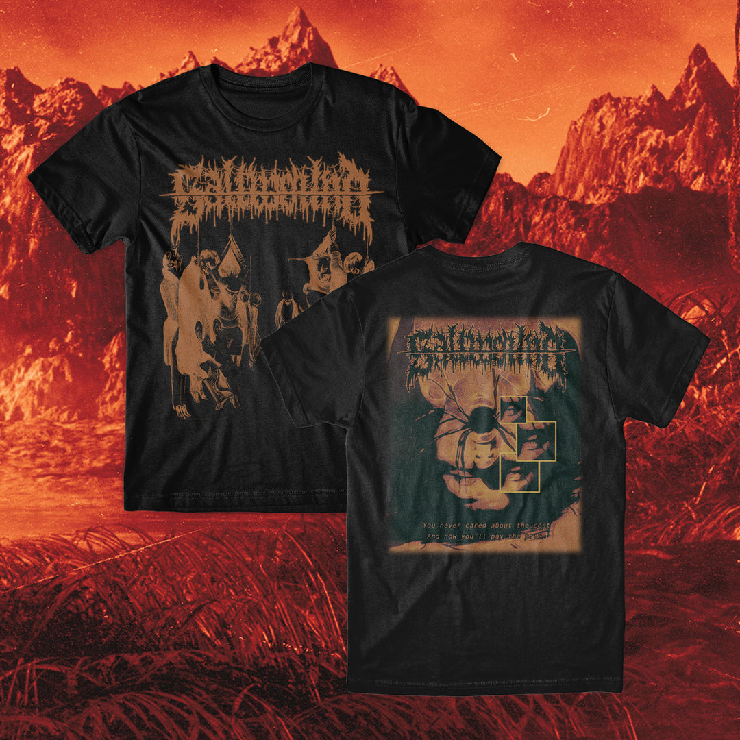 Two black Saltwound T-shirts, 100% cotton with a relaxed fit, feature horror-themed designs: eerie figures on the front and distorted faces with text on the back against a fiery red mountainous backdrop.