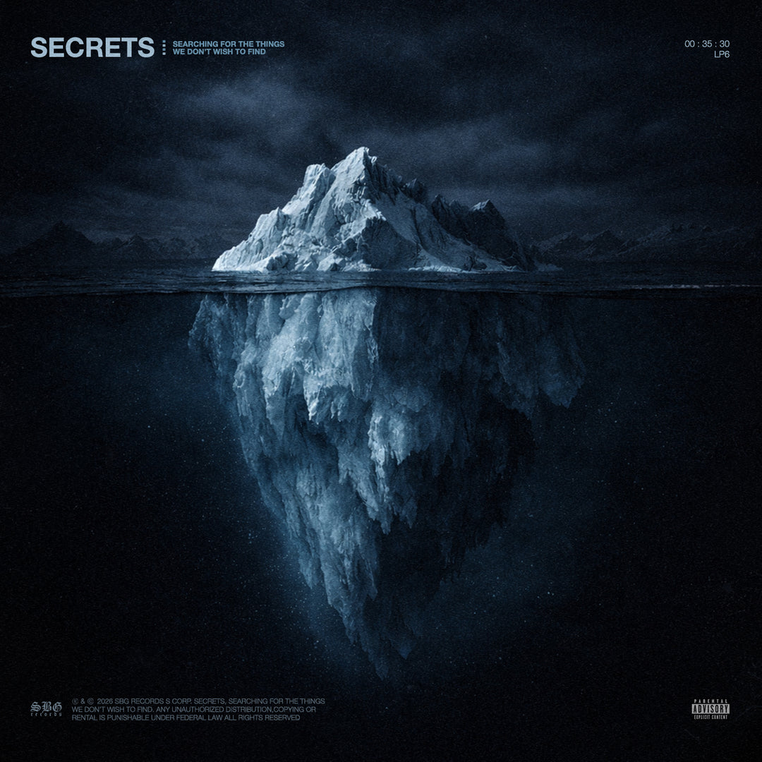A large iceberg floats in dark, calm night water, most of its jagged mass hidden below. The words “SECRETS” and Searching For The Things We Don’t Wish To Find appear above like an album presale cover for the brand SECRETS.