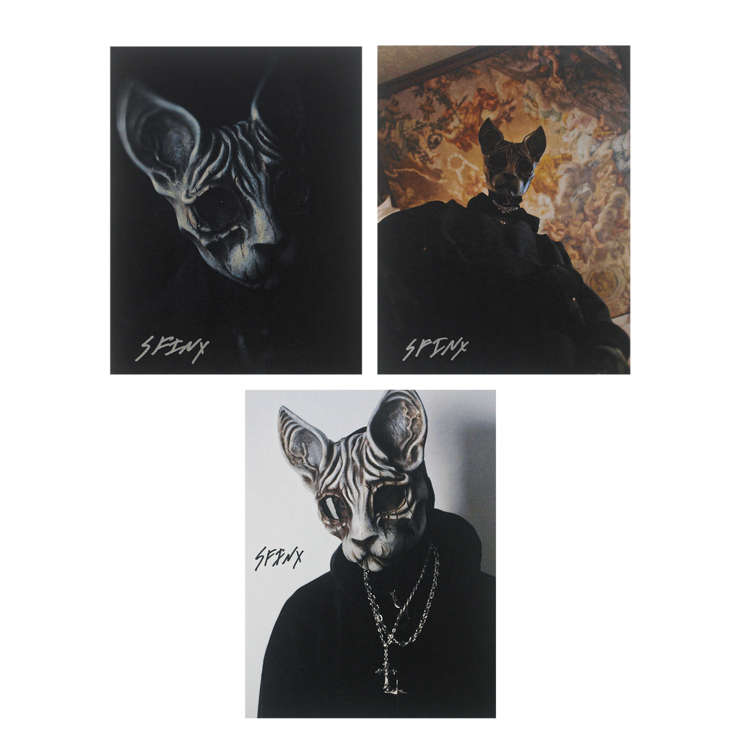 Three photos of a person wearing a detailed Sphynx cat mask, all in dark clothing. One photo shows ornate ceiling art in the background. The word SPHYNX is written on each image.