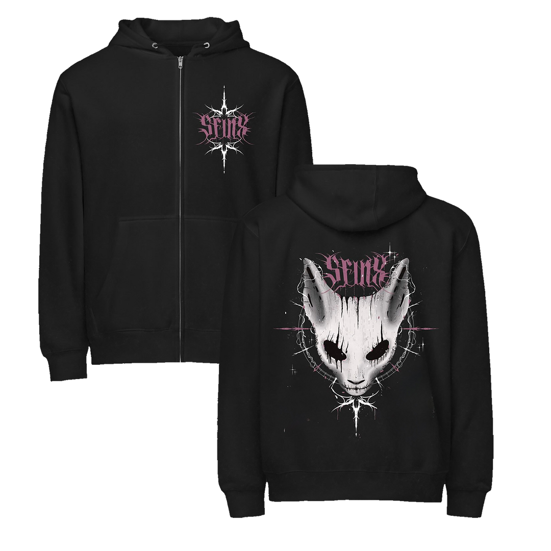 SFINX black zip-up hoodie with a pink and white stylized SFINX logo on the front left chest, and a bold white cat face with spiky accents on the back. "SENSE" is printed above both designs.