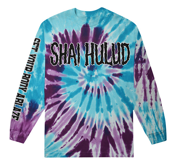 This Shai Hulud long-sleeve features a blue, purple, and white spiral tie-dye design with SHAI HULUD on the chest and GET YOUR BODY ABLAZE printed down the right sleeve.