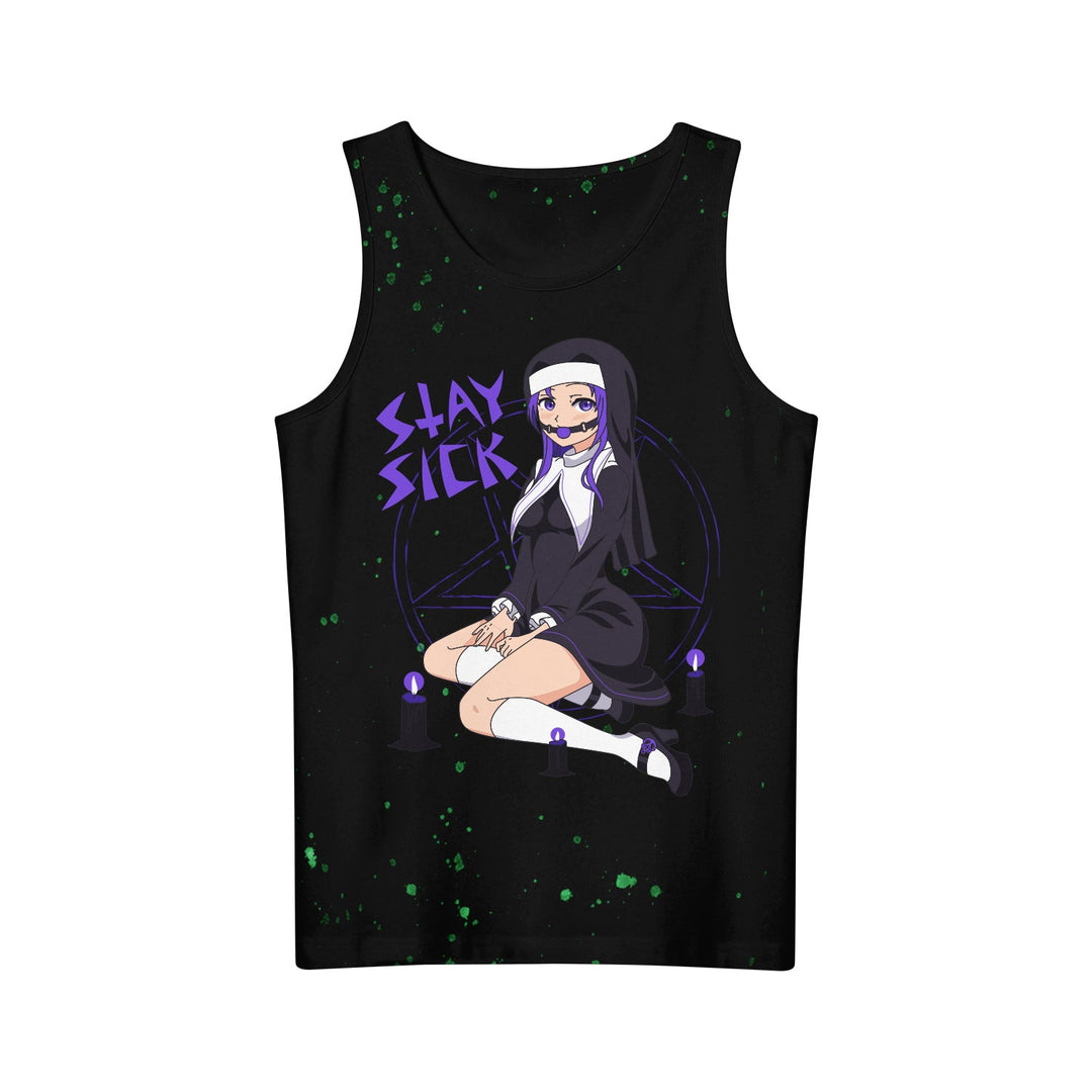Stay Sick Clothing black tank top with a hentai nun—purple hair, stitched smile—kneeling among candles and a pentagram. “STAY SICK” in purple above; custom dye and bold green speckle accents add extra edge.