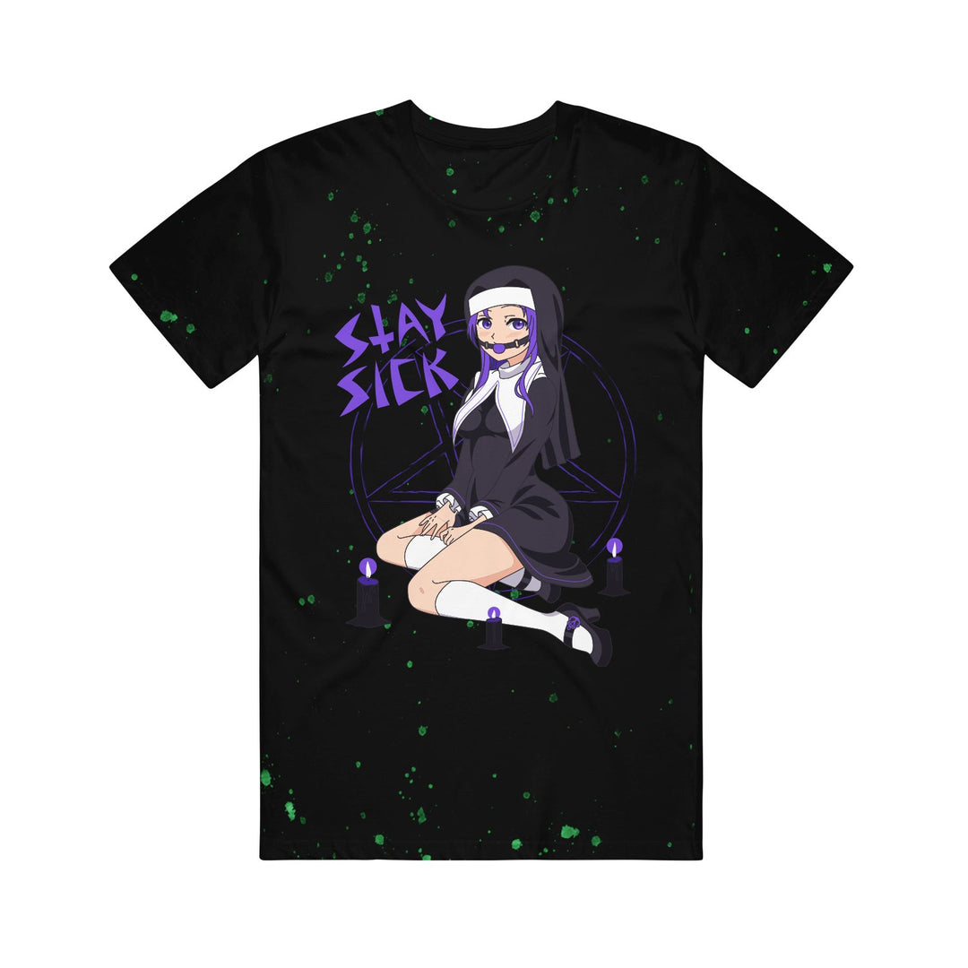 Stay Sick Clothings black tee features a Custom Dye green speckle and an anime-style Hentai Nun with glasses, mask, and purple hair sitting cross-legged. The phrase STAY SICK appears in purple beside her.