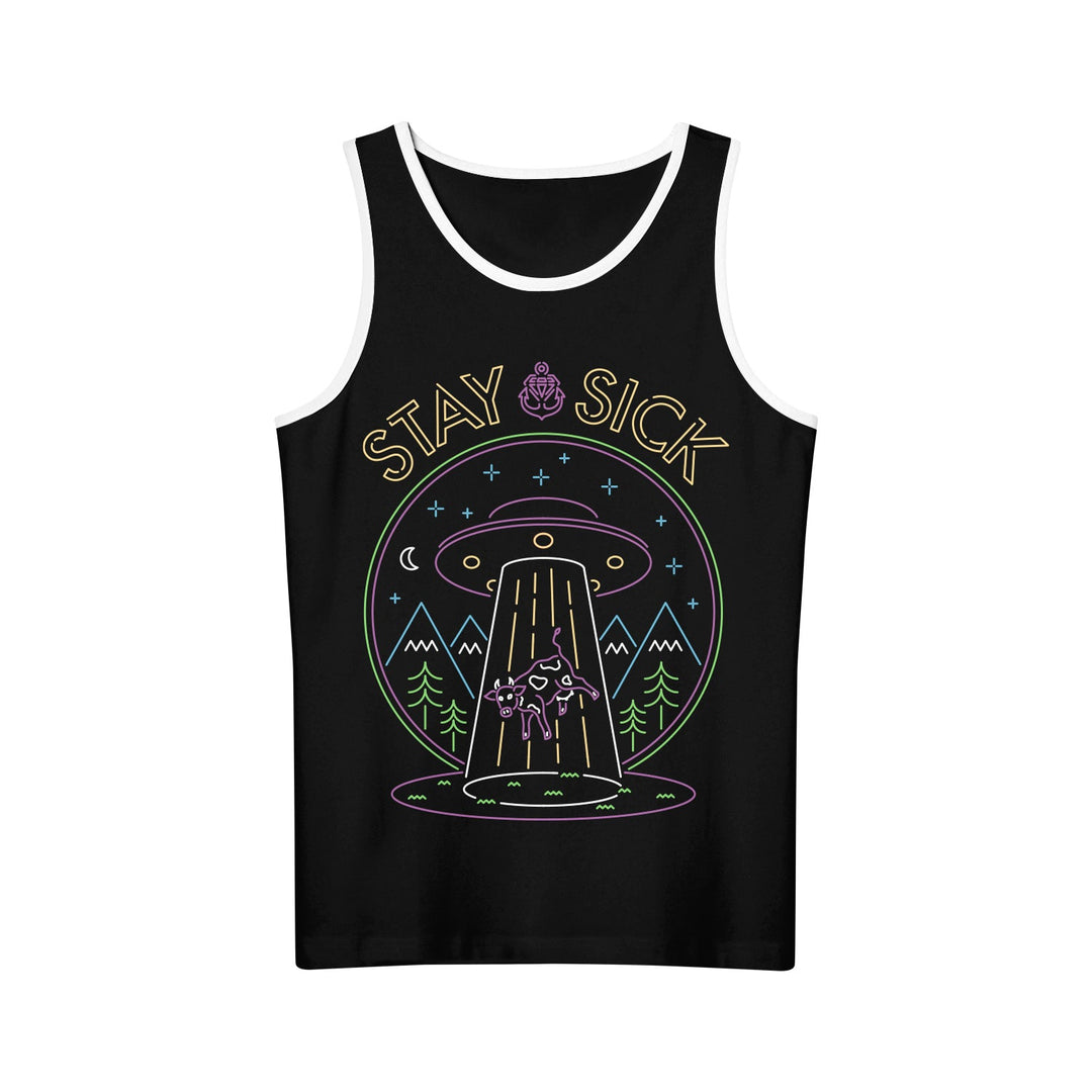 This black tank top from Stay Sick Clothing features white trim and a bold neon graphic of a UFO abducting a skeleton in the forest, with “STAY SICK” displayed above—perfect for fans of eye-catching streetwear.