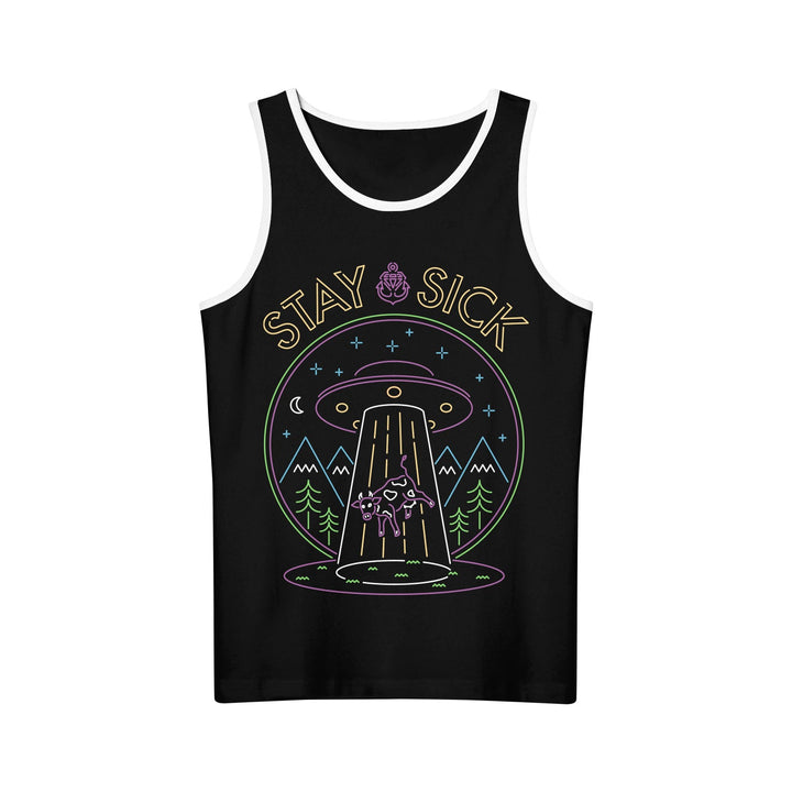 This black tank top from Stay Sick Clothing features white trim and a bold neon graphic of a UFO abducting a skeleton in the forest, with “STAY SICK” displayed above—perfect for fans of eye-catching streetwear.