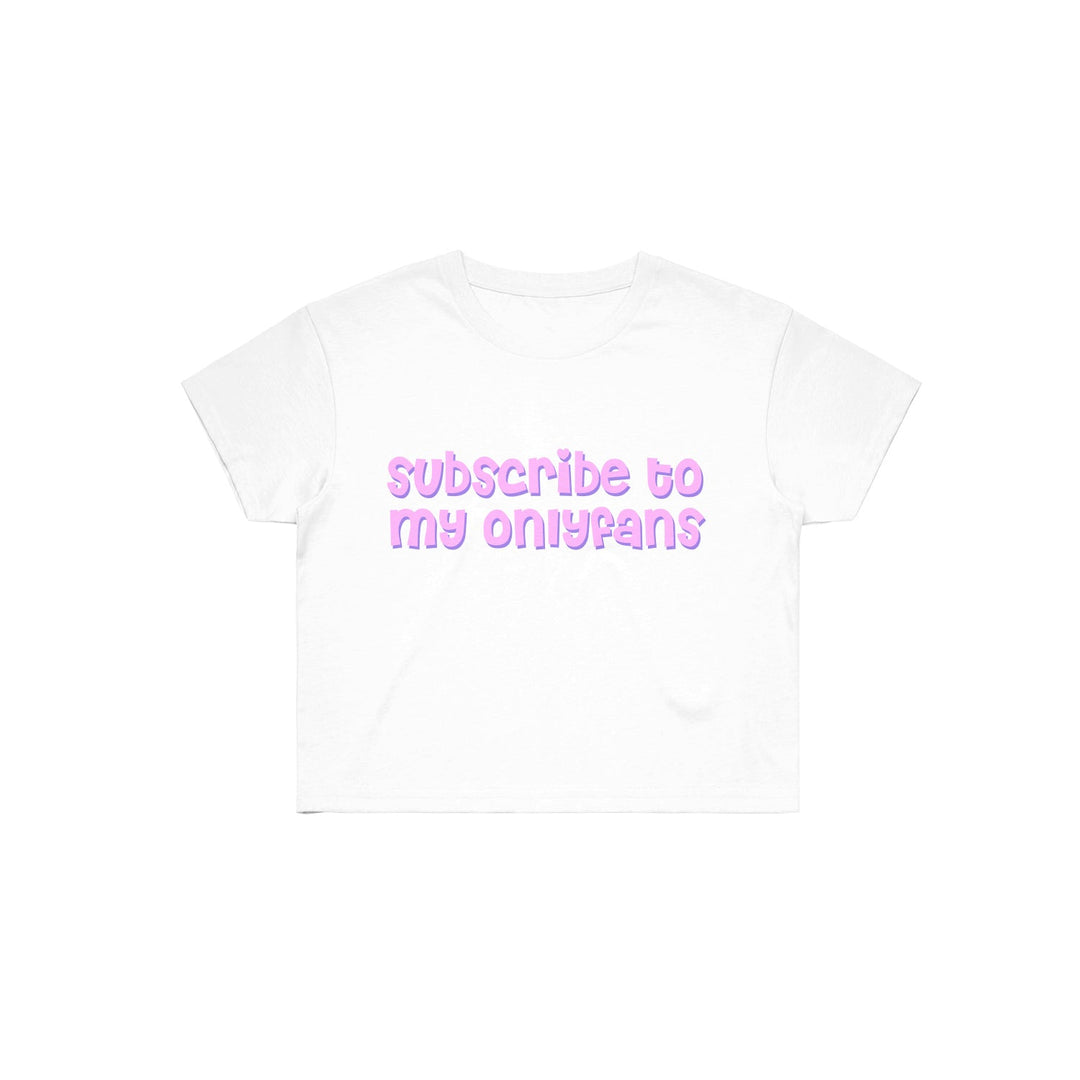 A Stay Sick Clothing white cropped shirt with subscribe to my onlyfans in bold, rounded light purple letters across the chest.