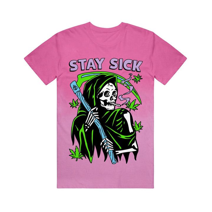 Stay Sick Clothing’s pink ombre T-shirt features a cartoon Grim Reefer with a scythe, green cannabis leaves, and “STAY SICK” in bold at the top.