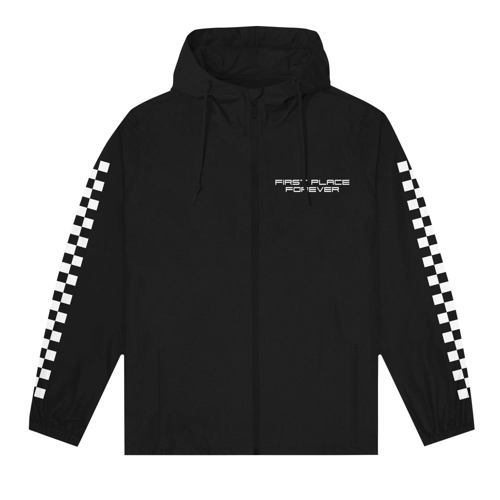 Stay Sick Clothing black windbreaker with white checkered sleeve patterns and FIRST PLACE FOREVER in white on the left chest. Features a front zipper, hood with drawstrings, and bold first place style.