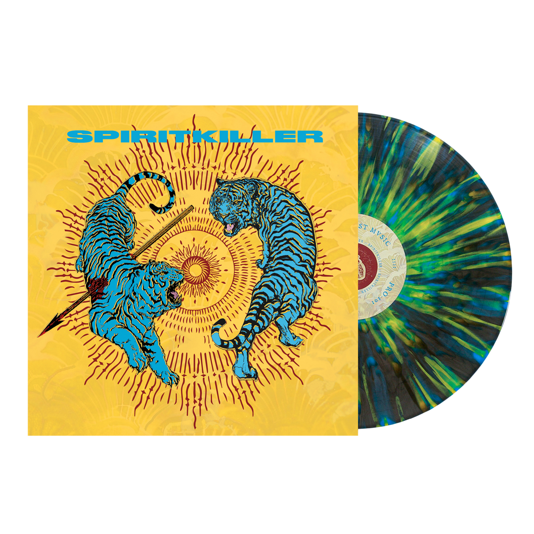 Spiritkiller album cover art featuring two blue tigers flanking a central sun icon, shown next to a limited edition marbled yellow, blue, and black vinyl record.