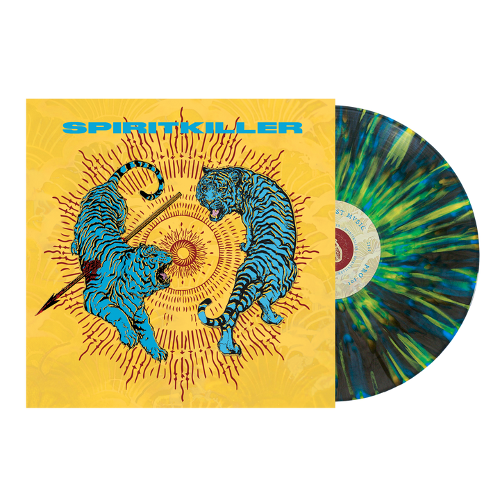 Spiritkiller album cover art featuring two blue tigers flanking a central sun icon, shown next to a limited edition marbled yellow, blue, and black vinyl record.