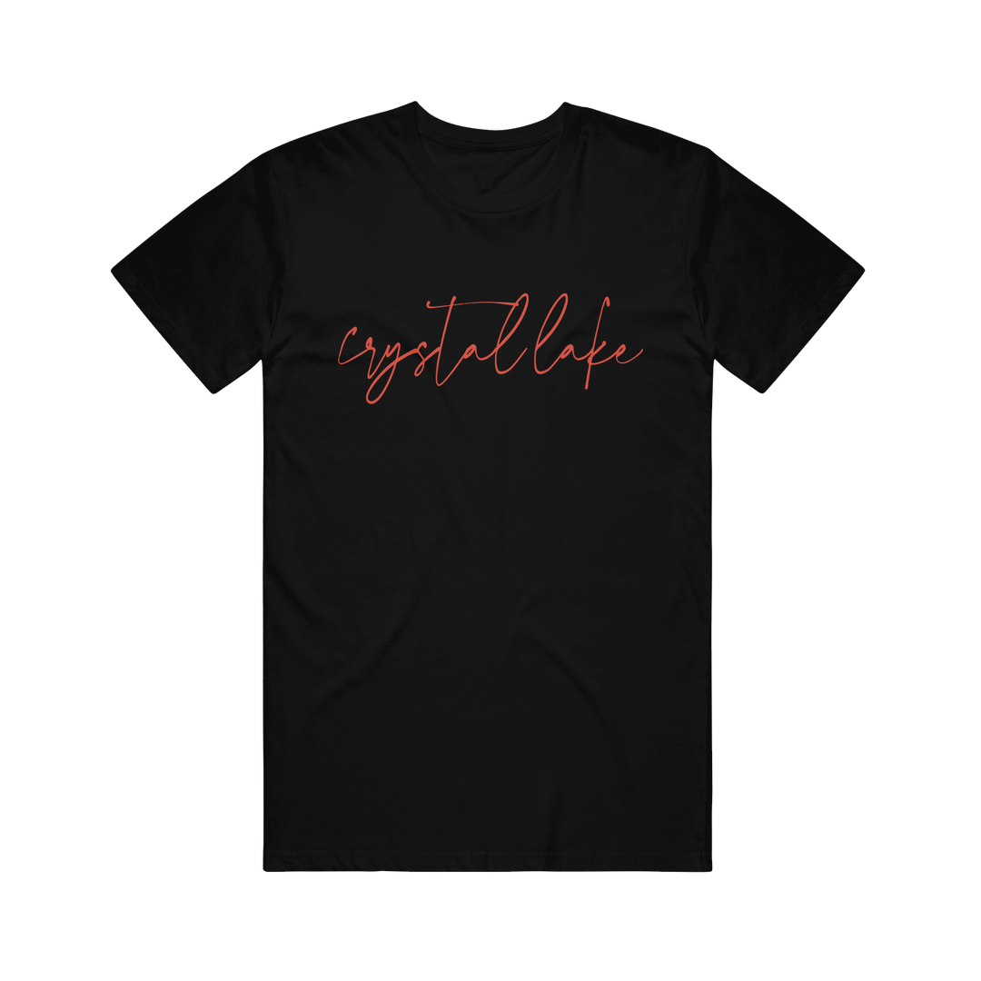 Black t-shirt with 'crystallake' text in red on a white background
