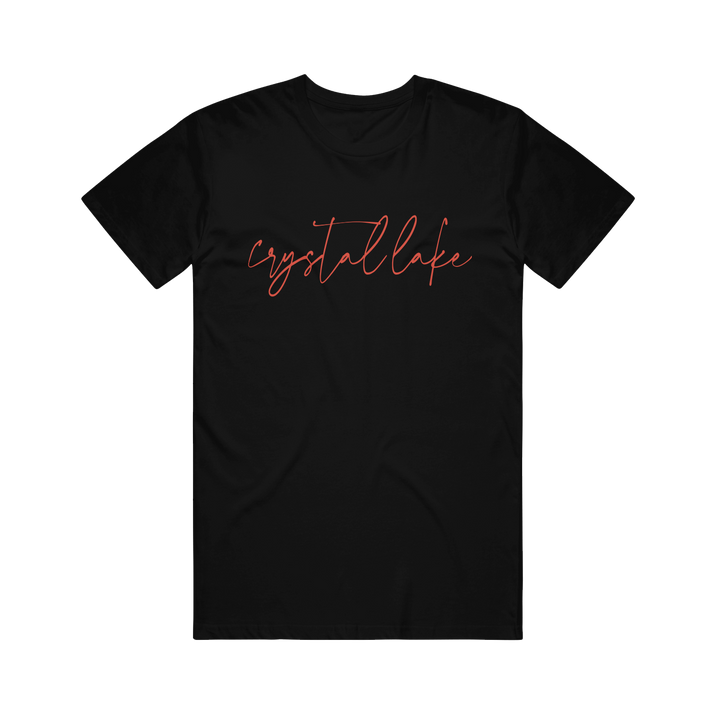 Black t-shirt with 'crystallake' text in red on a white background