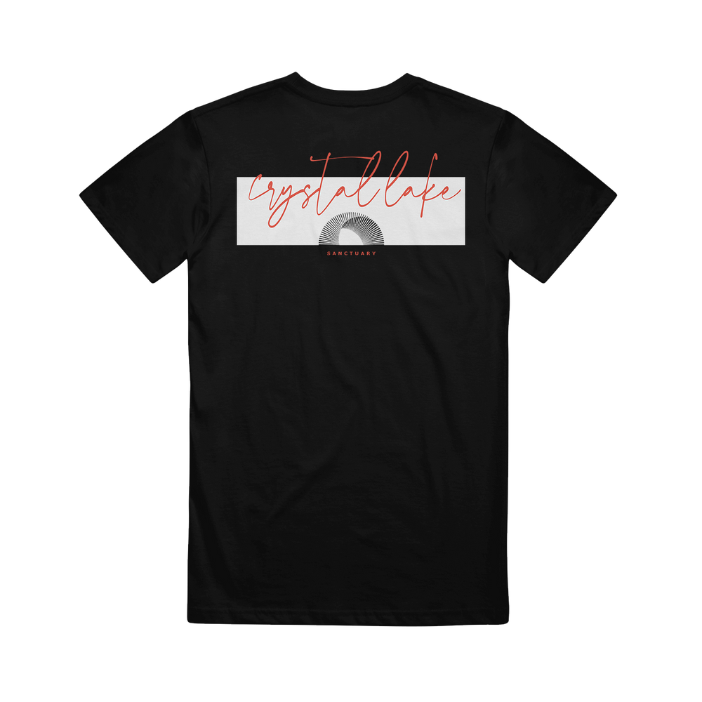 Black t-shirt with 'Crystal Lake' graphic design on a white background