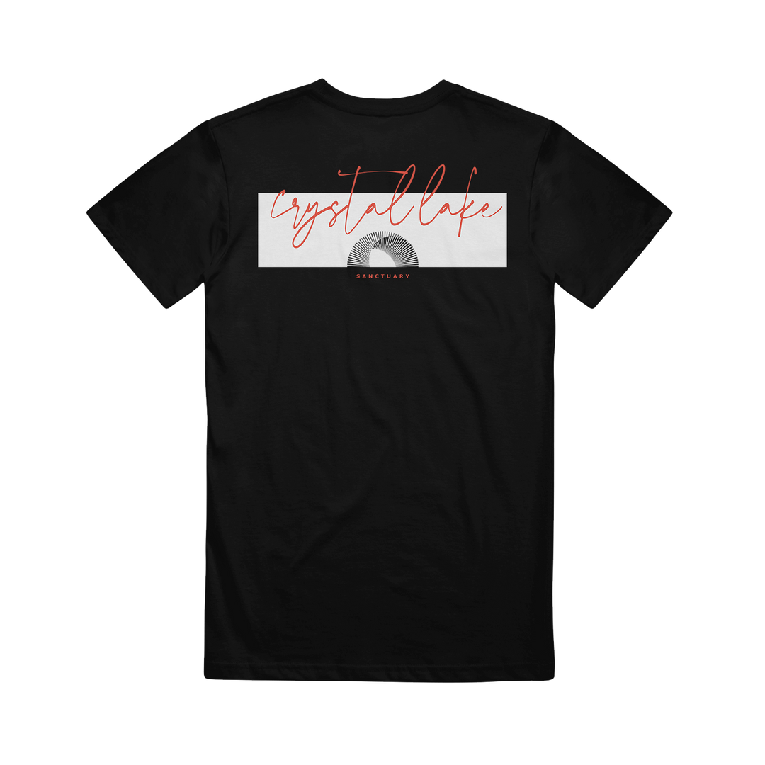 Black t-shirt with 'Crystal Lake' graphic design on a white background