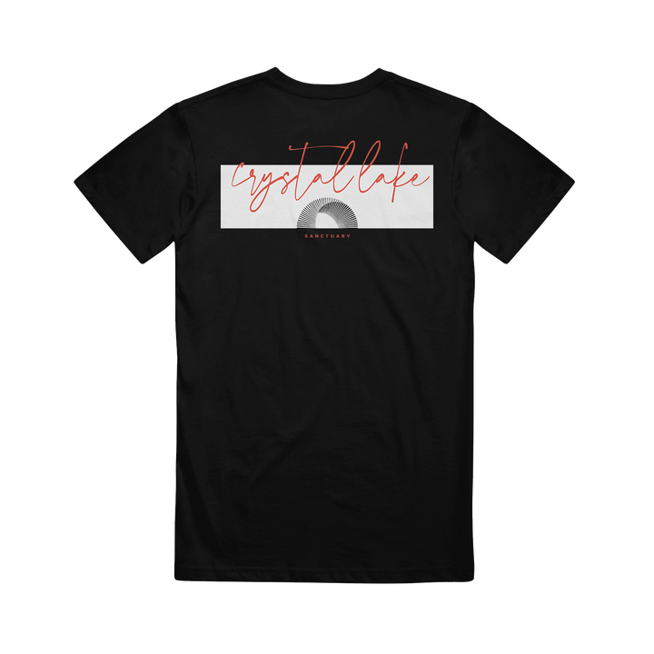 Black t-shirt with 'Crystal Lake' graphic design on a white background