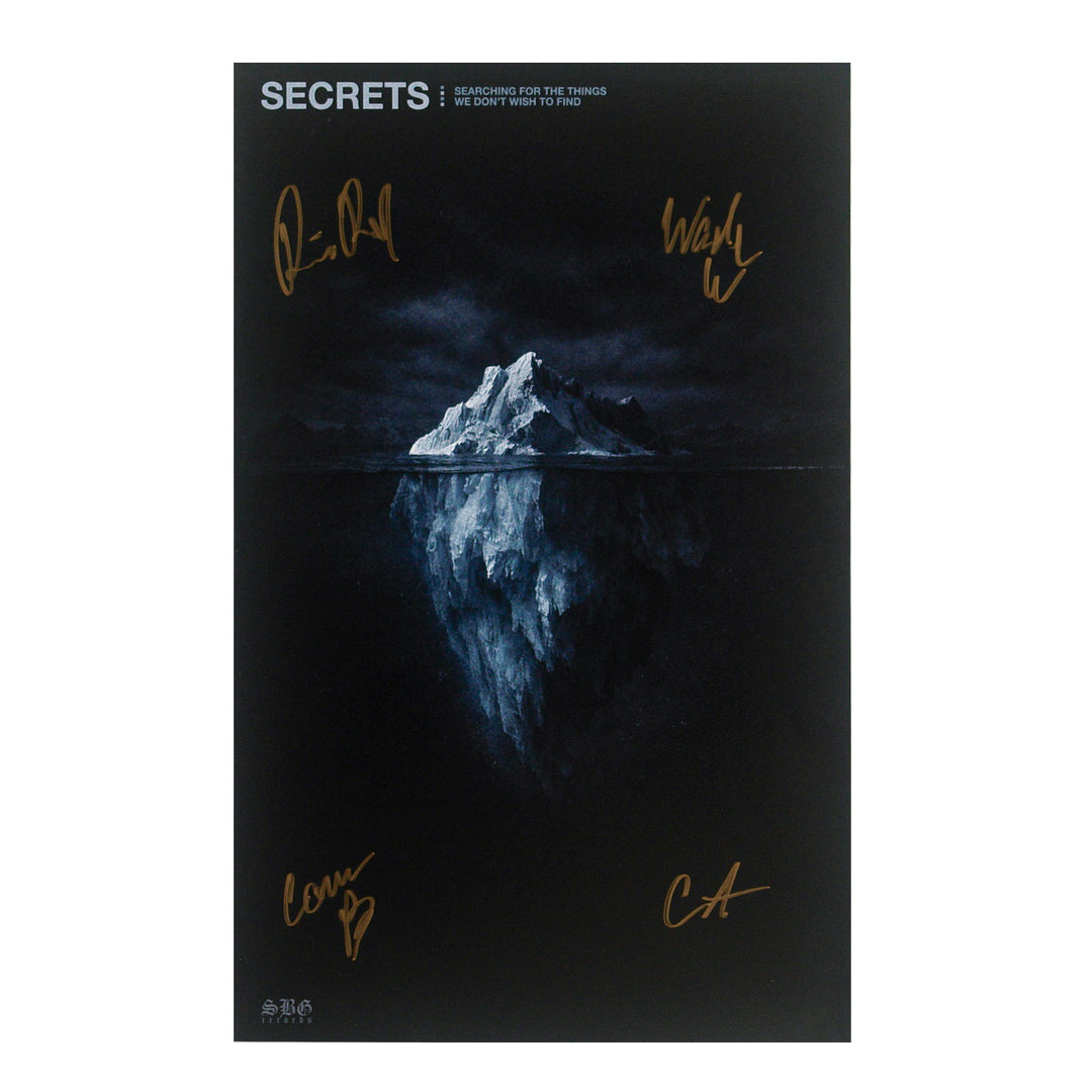 A dark poster shows an iceberg above and below water, with the word SECRETS and four gold signatures on it. The tagline reads: Searching for the things we don’t want to find. Perfect for collectors, this design is ideal for poster shipping in a sturdy poster tube, preserving every detail without the creases of folded posters.