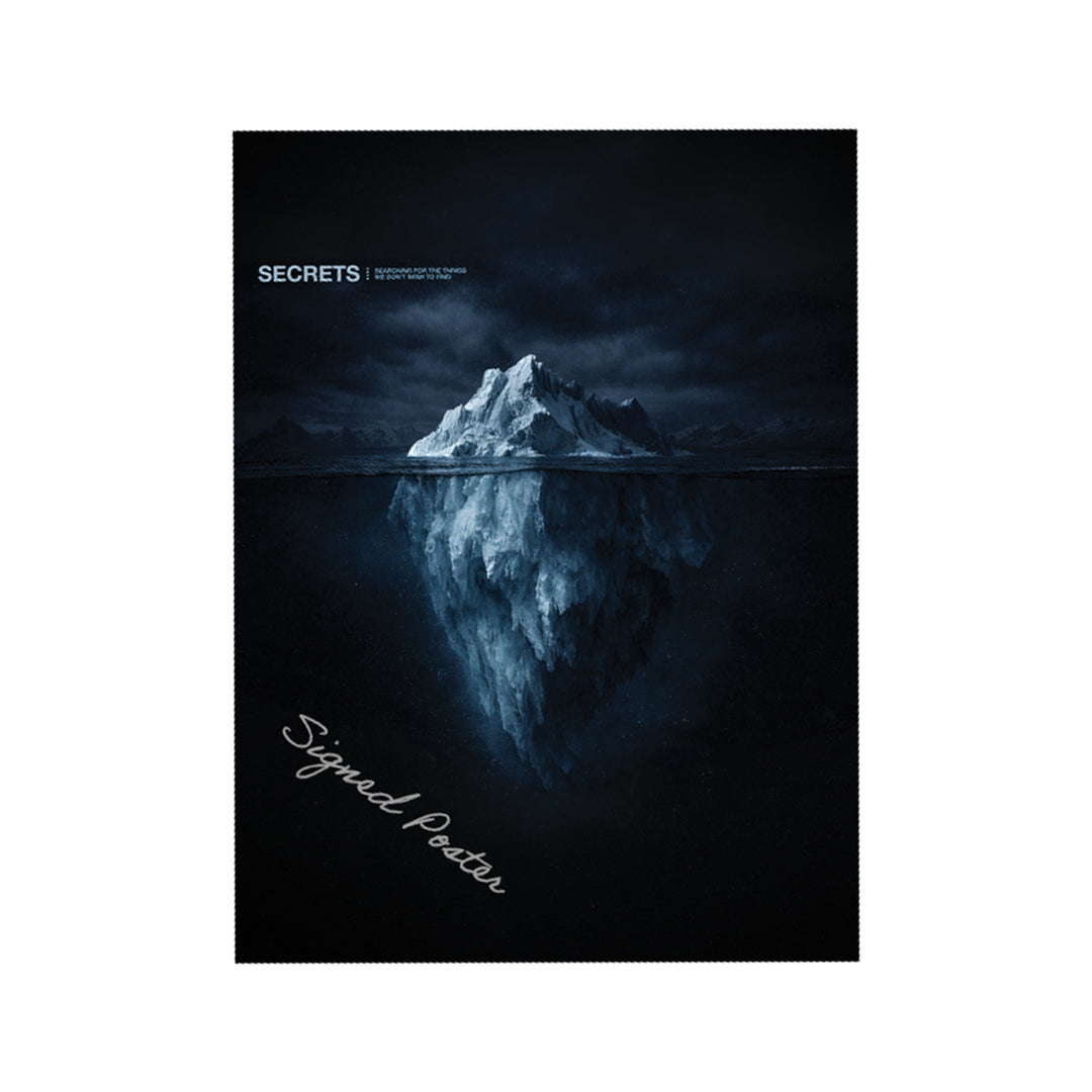 A dark, moody image of an iceberg at night floats on the ocean, most mass hidden underwater. "SECRETS" appears in white text—ideal for shipping rolled in a tube or displaying with folded posters. Brand: SECRETS.