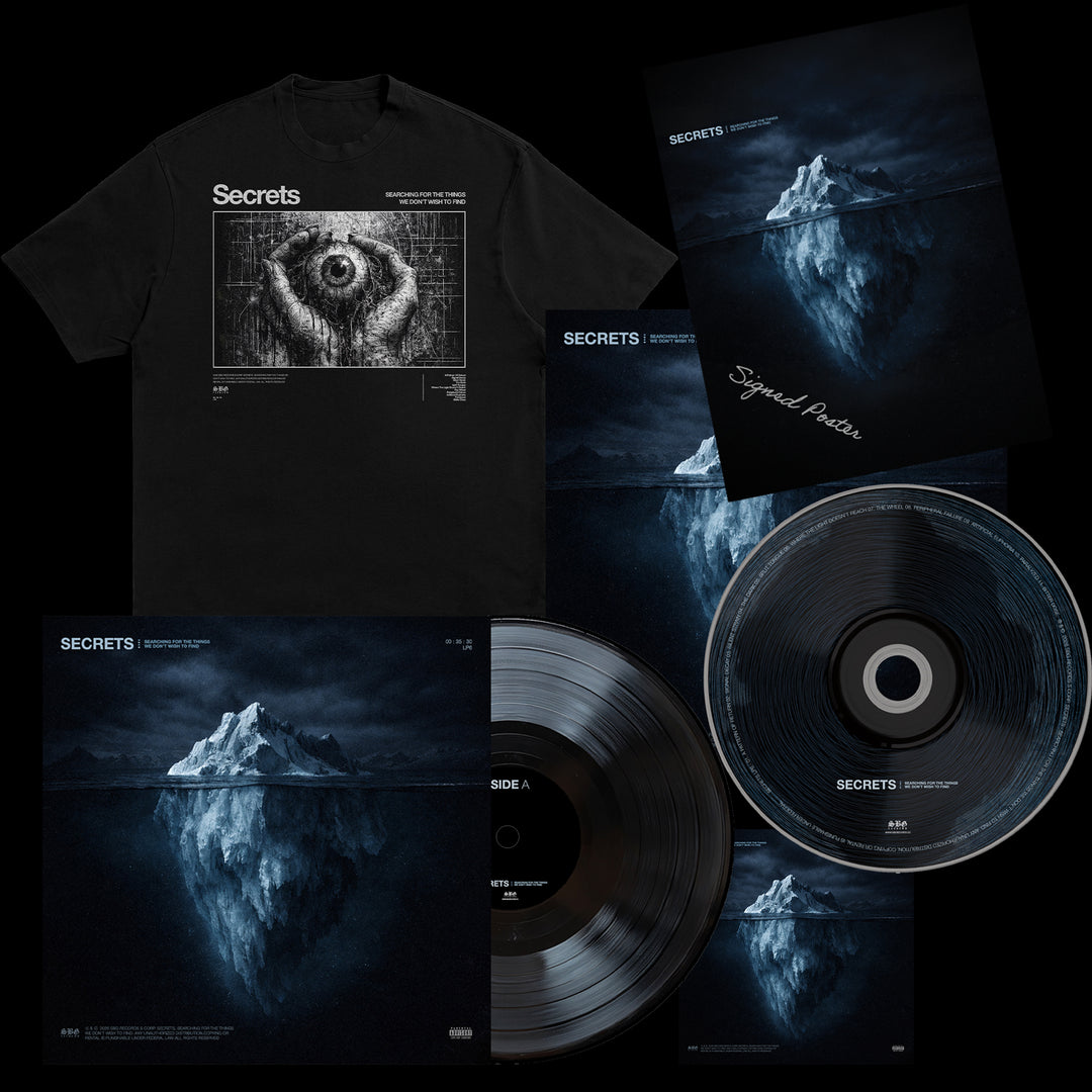 SECRETS merch bundle includes a black T-shirt, signed poster, black vinyl LP, CD, and album art with an iceberg above and below water—featuring themes from "Everything That Got Us Here" and "Searching For The Things We Don't Wish To Find.