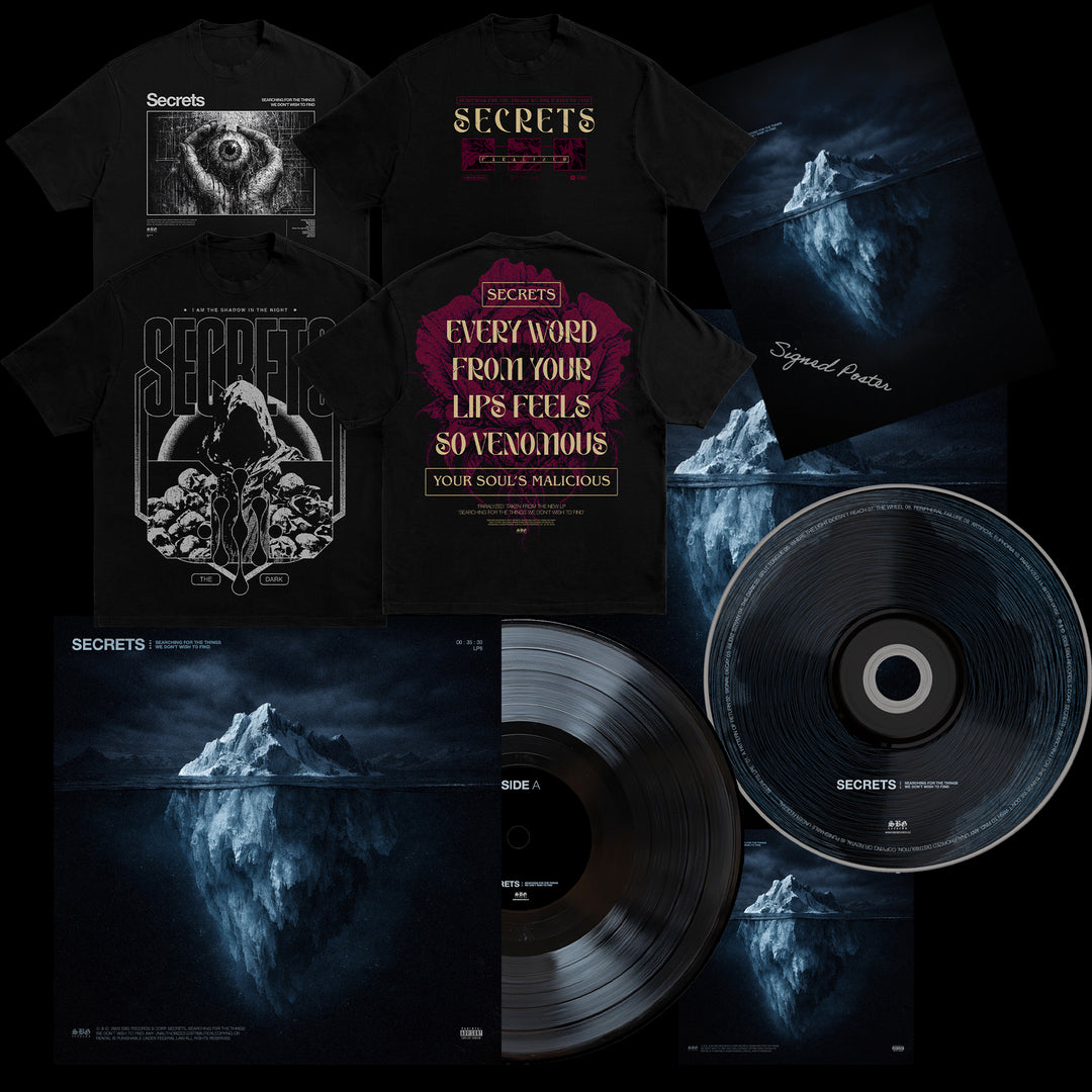 SECRETS merch and album art with iceberg graphic, Graphite Vinyl LP from "Searching For The Things We Don't Wish To Find," tees, and signed poster—grab yours in the album presale!.