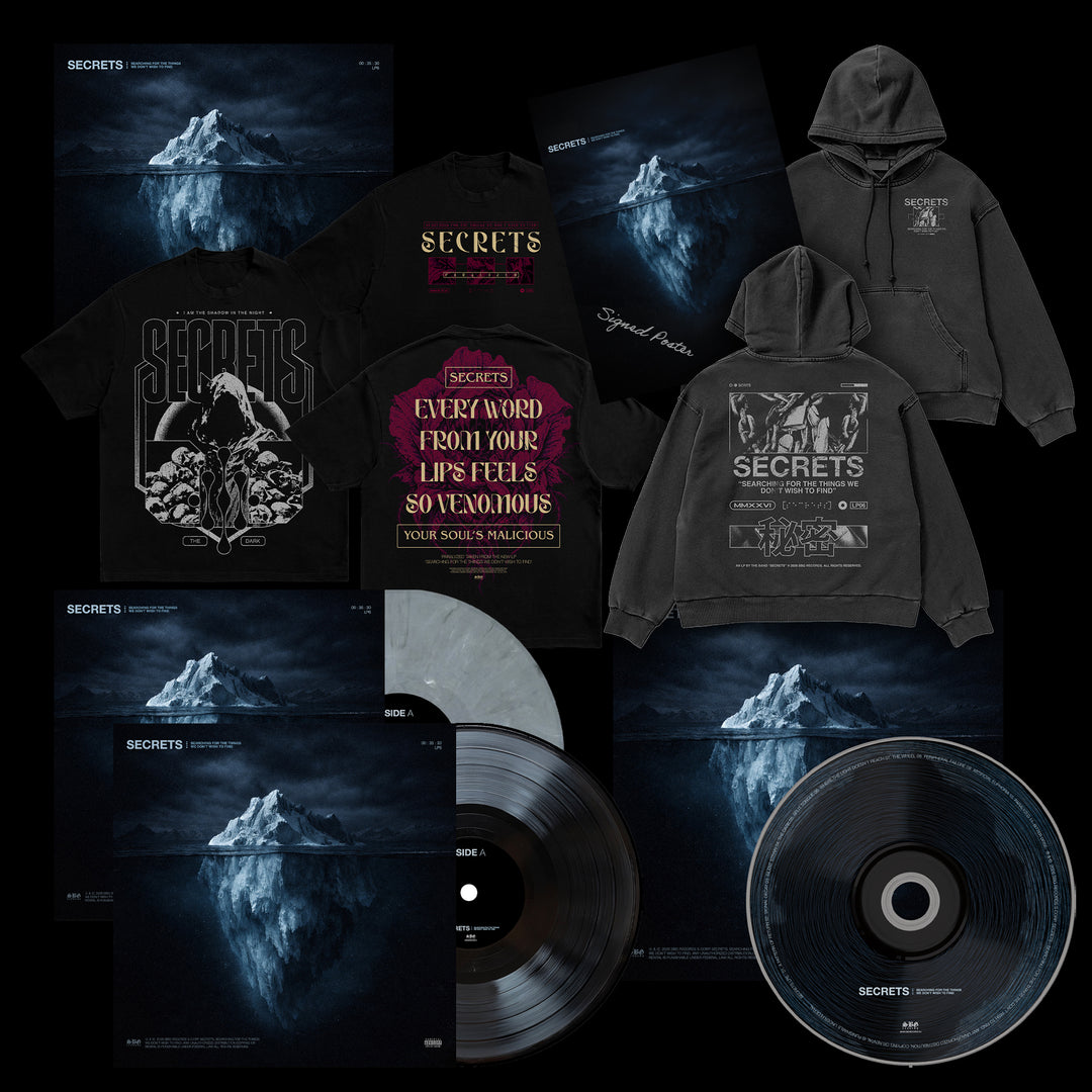 SECRETS “Everything That Got Us Here” merch: Vinyl LP, album bundle, CDs, iceberg posters, black hoodies and tees, and a patch—plus a “Searching For The Things We Don’t Wish To Find” reference—all on a black background.