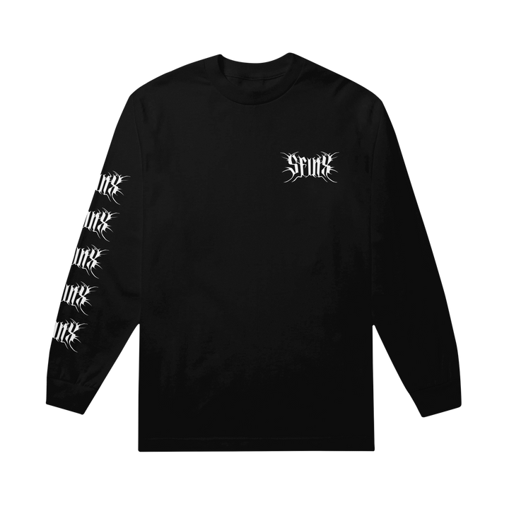 A black SFINX long sleeve shirt with SPINE in white gothic letters on the chest and six times down the right sleeve, featuring a modern classic fit and soft ring-spun cotton.