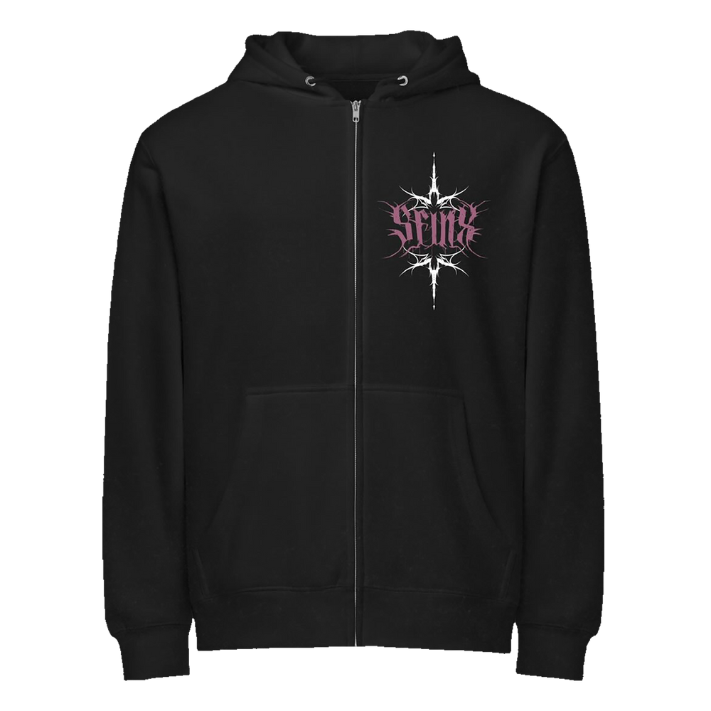 The SFINX black zip-up hoodie offers a front pocket and a small spiky pink and white graphic on the left chest.