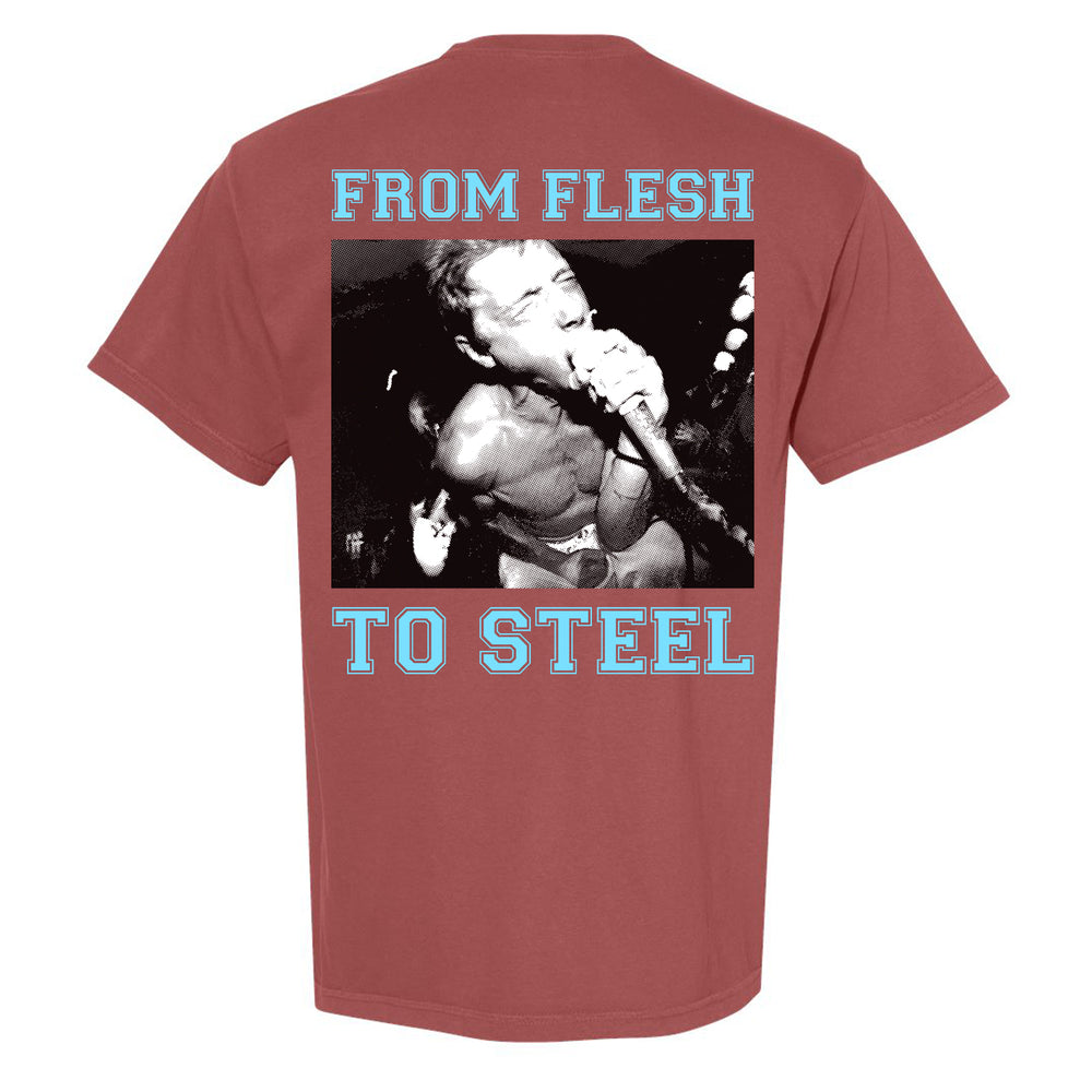 brick color t-shirt with black and white graphic and 'From Flesh to Steel' text on a white background