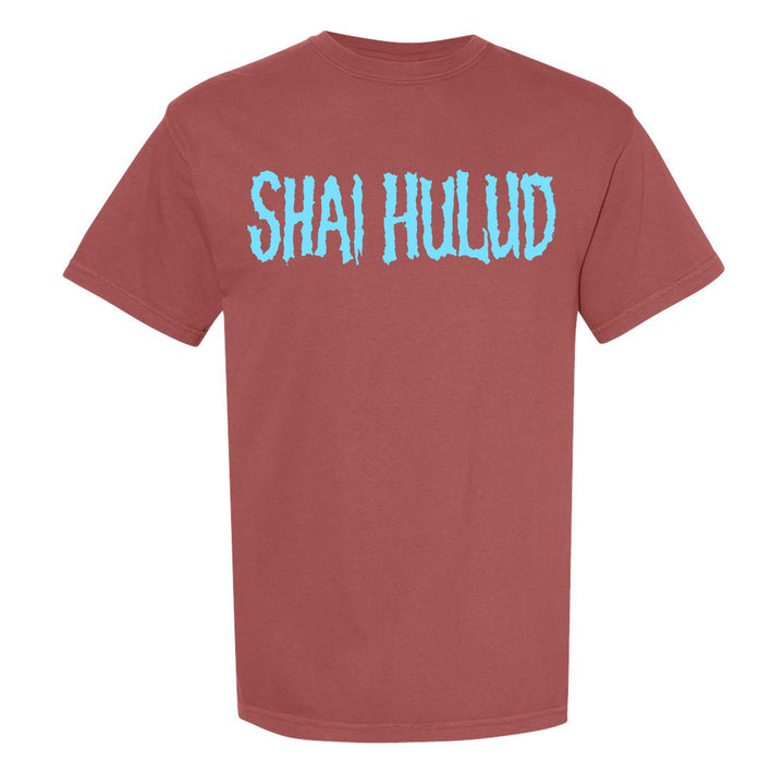 A brick color Comfort Colors t-shirt by Shai Hulud featuring large, light blue, textured SHAI HULUD lettering across the chest.