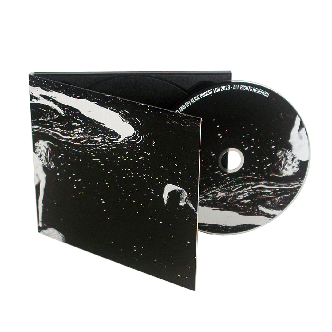 A CD partially slid out of a black and white case, both featuring abstract cosmic designs with floating, partially obscured figures and subtle hints of Halo Shine illuminating the ethereal scene.