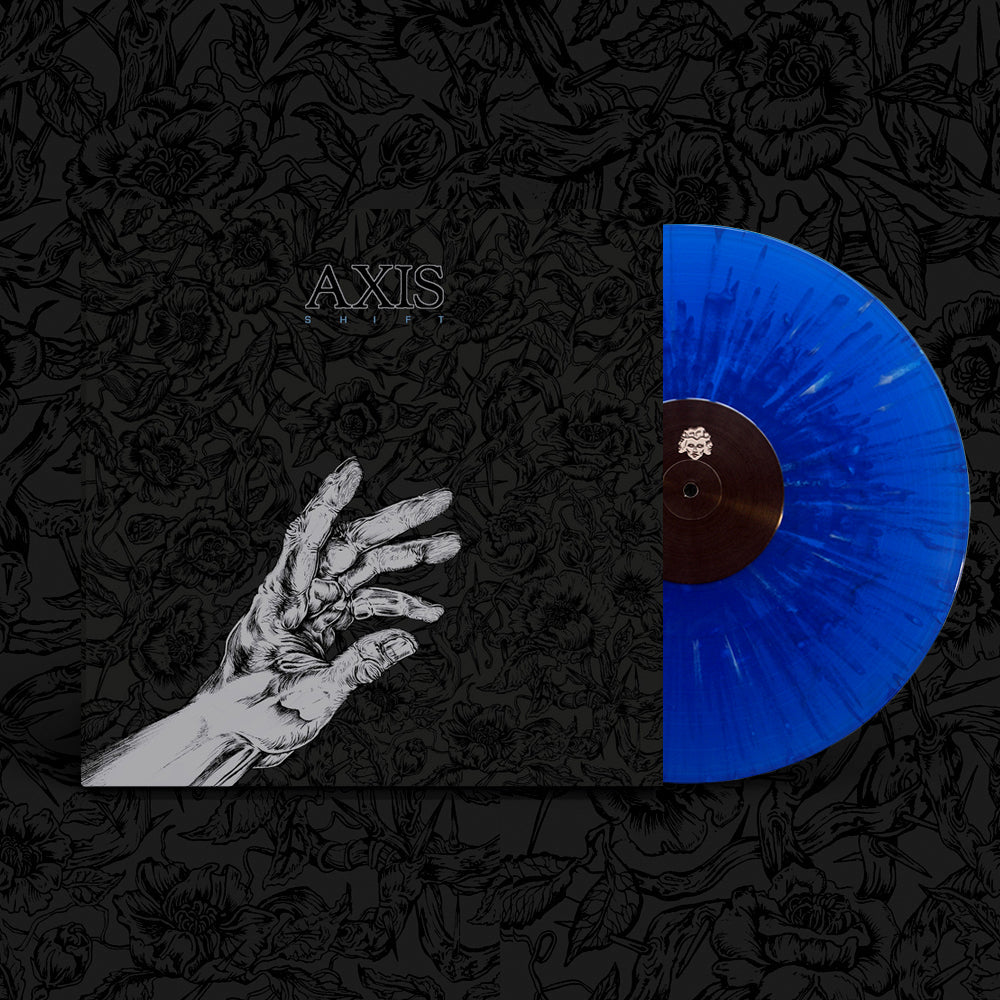 A blue and black splatter vinyl record is partially pulled from a black Axis album cover, which features an illustrated hand reaching upward and the title "AXIS" above it in white text.