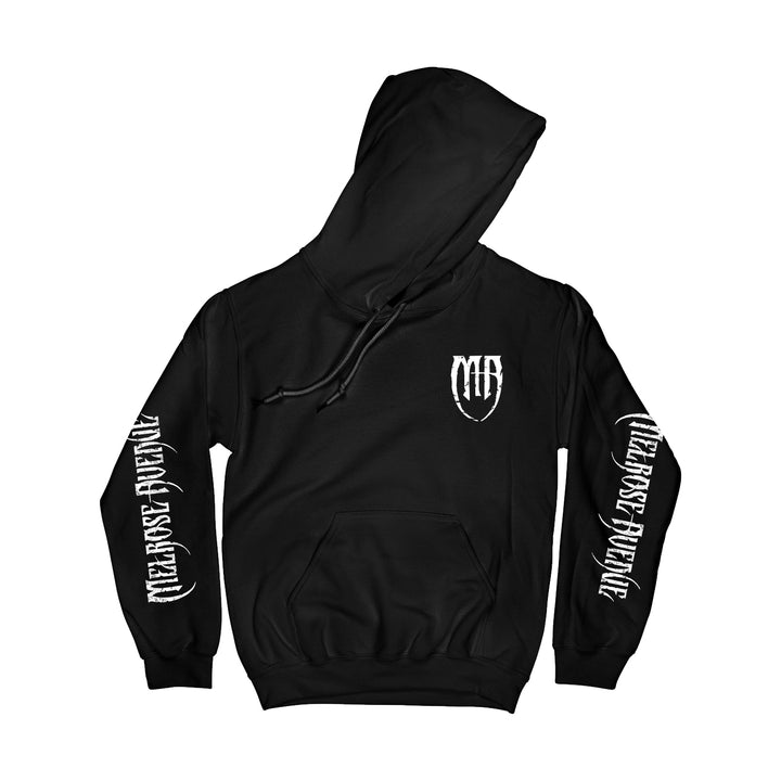The Melrose Avenue black pullover hoodie features a front pocket, a small white shield-like MA logo on the chest, and NEVERDORS PUENTE in bold, jagged text down both sleeves—ideal for standout streetwear fans.
