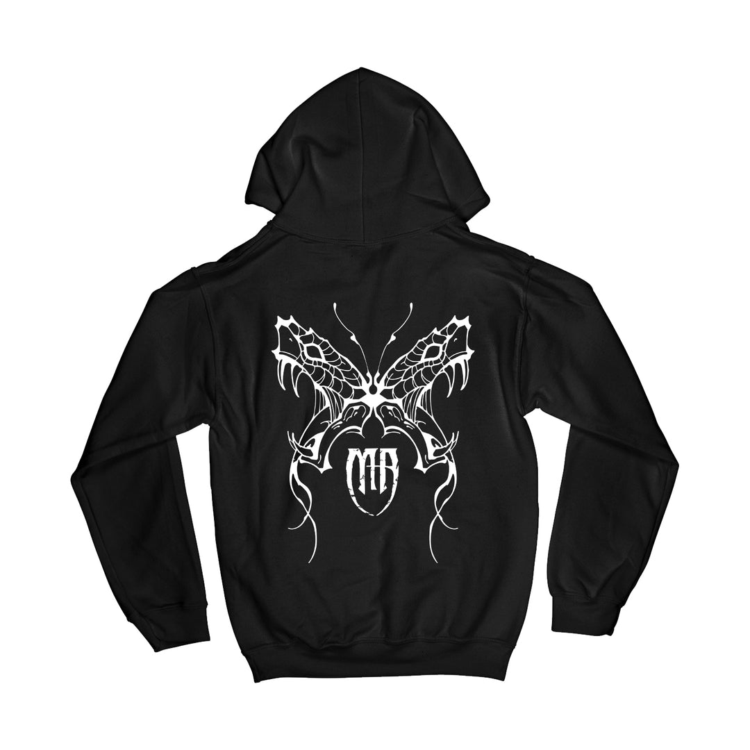 Melrose Avenue black pullover hoodie with a large white graphic on the back, showing two mirrored abstract designs resembling snake butterfly wings and a heart-shaped element with the letters MR inside.
