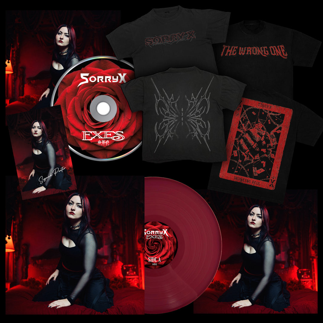 The Sorry X merch bundle includes a Fruit Punch Vinyl, Red Rose CD, three T-shirts, a signed poster, and a dark-haired woman portrait—all featuring “Sorry X” branding and dark, gothic designs.