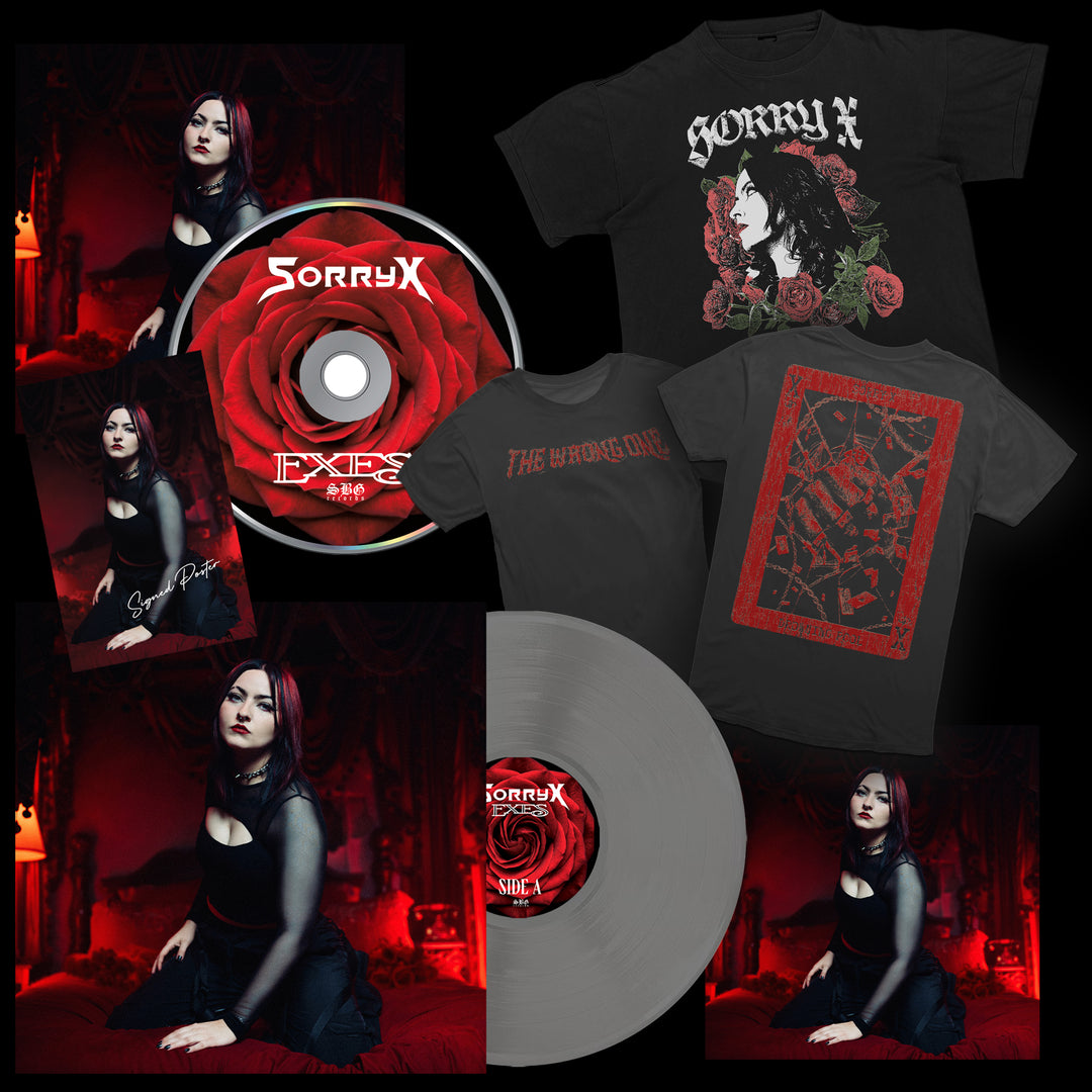 Sorry X merch bundle display featuring a woman in gothic attire, EXES CD and Silver Vinyl, rose and portrait T-shirts, autographed cards, Signed Poster—all set in a striking red-and-black bedroom scene.