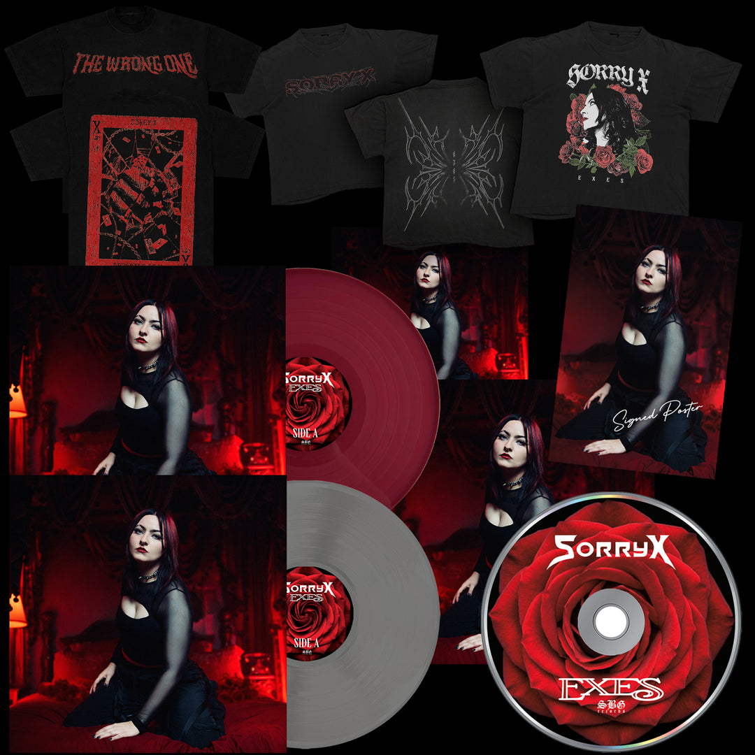 The Sorry X merchandise bundle includes T-shirts, posters, artwork, and the EXES Vinyl LP (red & silver). The main image features a woman in gothic attire on a red bed with rose and dark motifs. Includes album presale and instant grat tracks.
