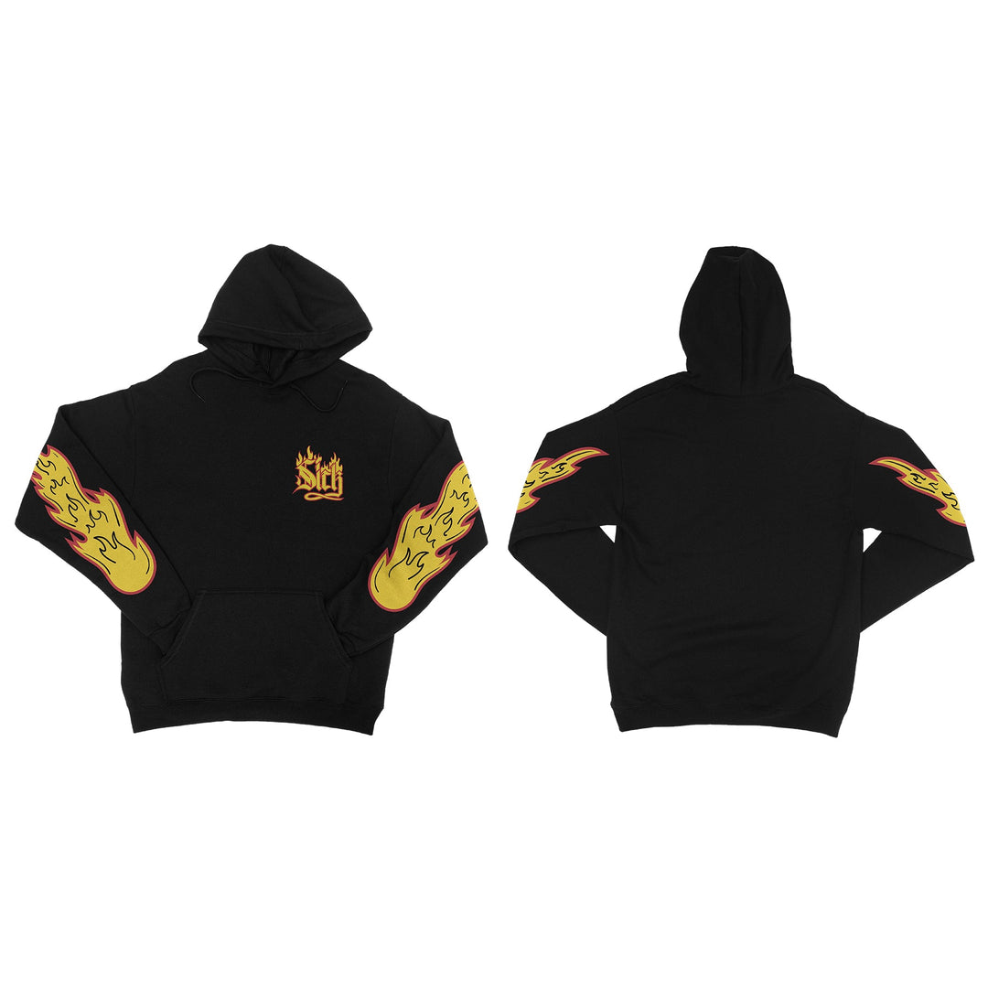 Stay Sick Clothing black hoodie with bold yellow and orange flame graphics on both sleeves. A small yellow Sick text logo appears on the left chest. Product images show both front and back views.