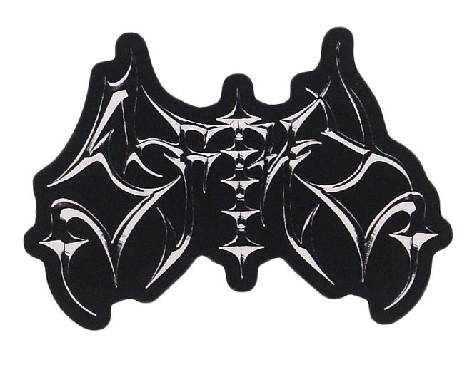 A black and white abstract logo with sharp, stylized lines forming a symmetrical, bat-like shape, reminiscent of heavy metal band logos; the design has a textured, glossy look.