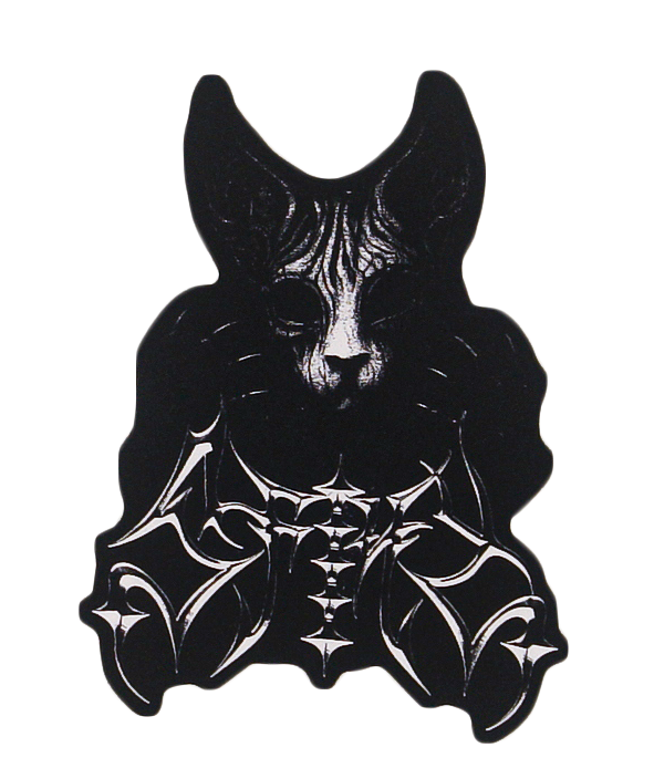 A stylized black and white illustration of a cat with prominent ears and ornate, gothic-inspired patterns on its chest and body.