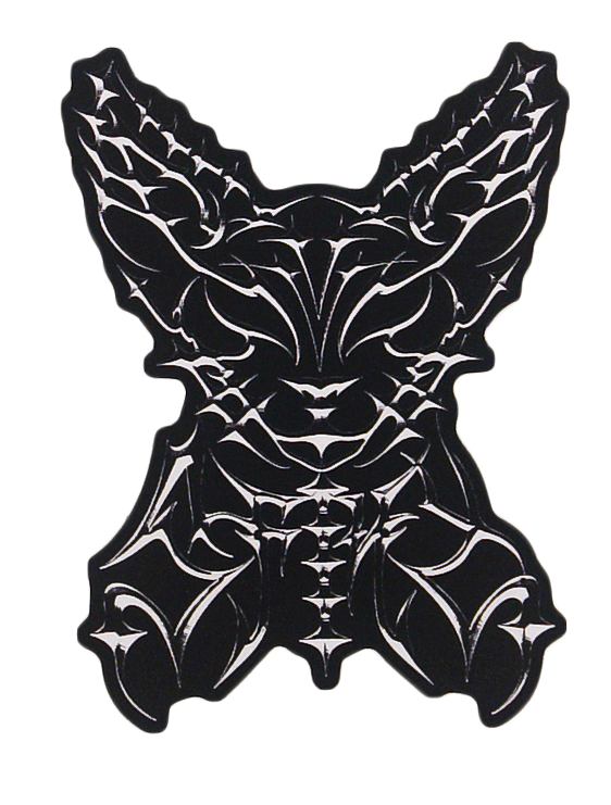 A black and white abstract design resembling a stylized animal face, possibly a fox or bat, with intricate, symmetrical patterns and pointed ears.