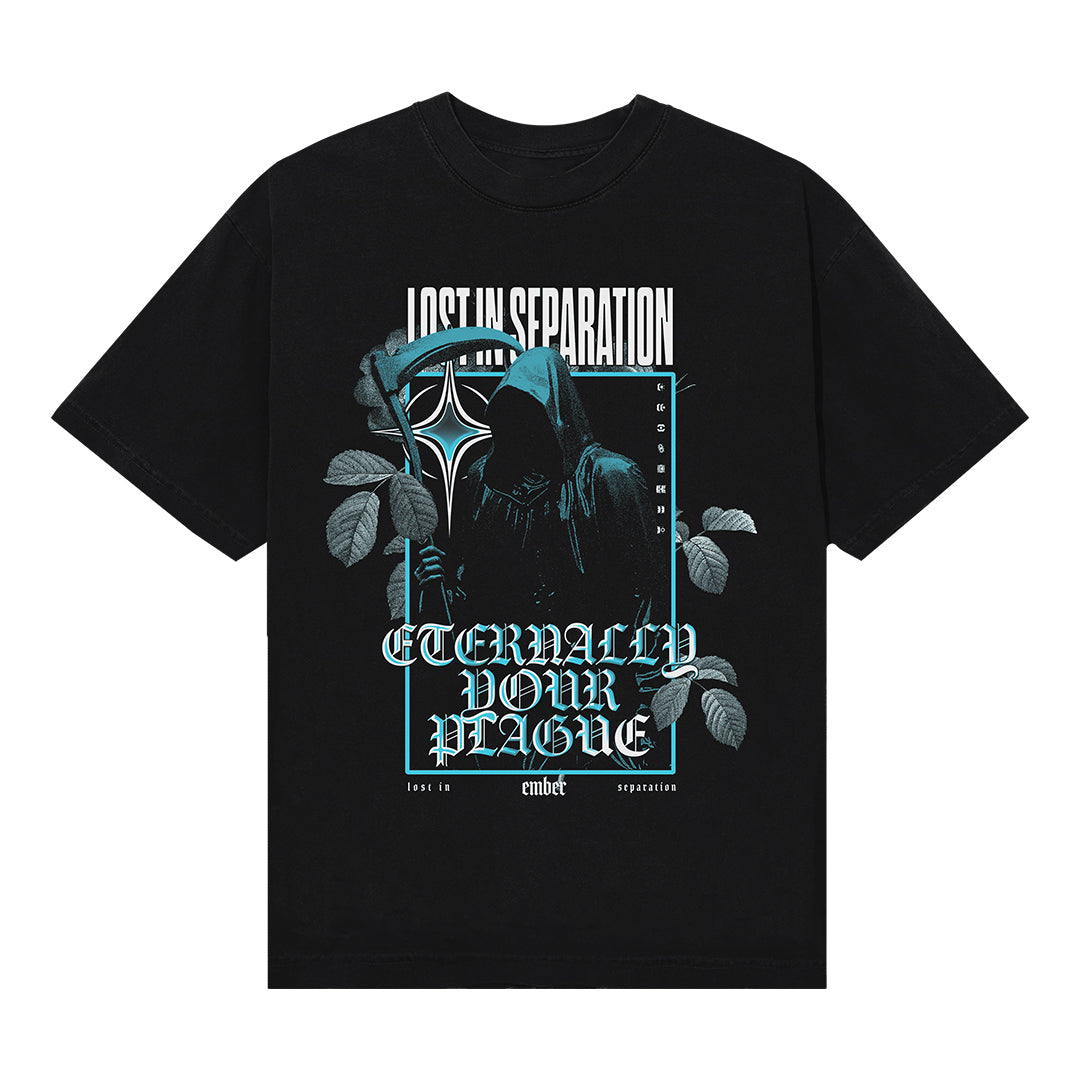 Lost In Separation black t-shirt with a hooded, masked figure surrounded by leaves. White and teal “LOST IN SEPARATION” at the top and “ETERNALLY YOUR PLAGUE” at the bottom with smaller corner text details.