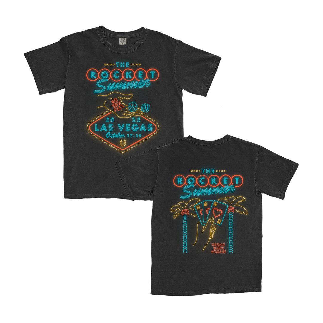 Two black The Rocket Summer Comfort Colors T-shirts display neon-style graphics with “The Rocket Summer, Las Vegas, October 17-18” on the front like a Vegas sign. Made from soft ring-spun cotton for all-day comfort and quality.