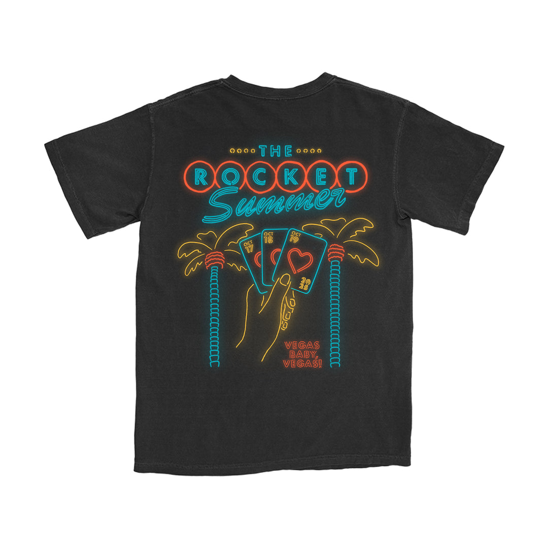 A black Comfort Colors T-Shirt by The Rocket Summer featuring a neon palm tree and playing card design with “The Rocket Summer” and “Vegas Baby Vegas!” on the back. Made from soft ring-spun cotton for comfort all day.