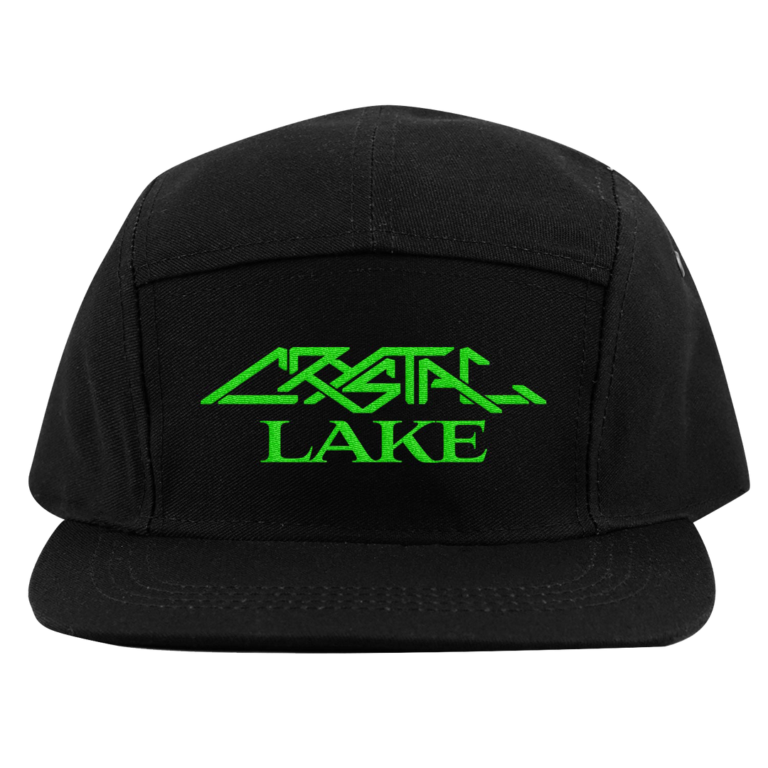 A black five-panel cap by Crystal Lake, featuring bright green, angular embroidered CRYSTAL LAKE lettering on the front.