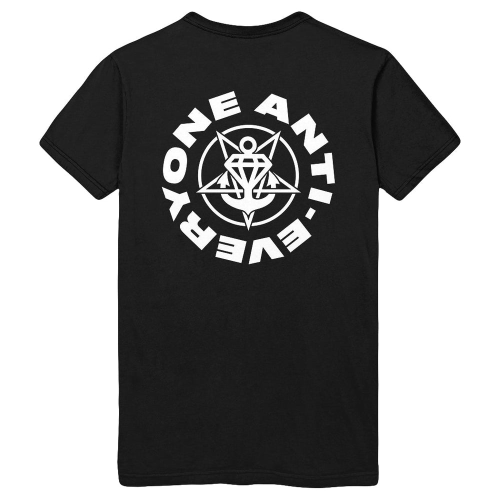 This Stay Sick Clothing Black T-Shirt is a bold graphic tee, with a white circular ANTI-EVERYONE design on the back surrounding a geometric symbol and central figure.