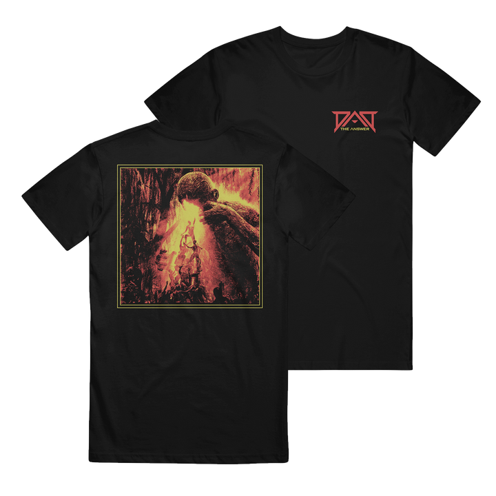 The Dead Air Divine classic black T-shirt is made from 100% cotton, featuring a red logo on the front left chest and striking fiery artwork on the back with a large creature towering over smaller figures in a dramatic scene.