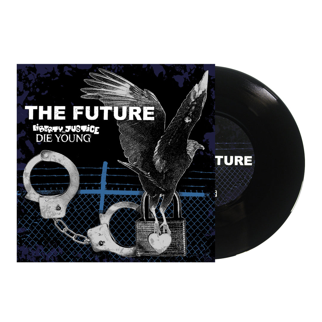 A black vinyl record slides from its square cover, which features a black bird with spread wings, open handcuffs, barbed wire, and the text "THE FUTURE" and "LIBERTY & JUSTICE DIE YOUNG"—true Texas hardcore from Die Young.