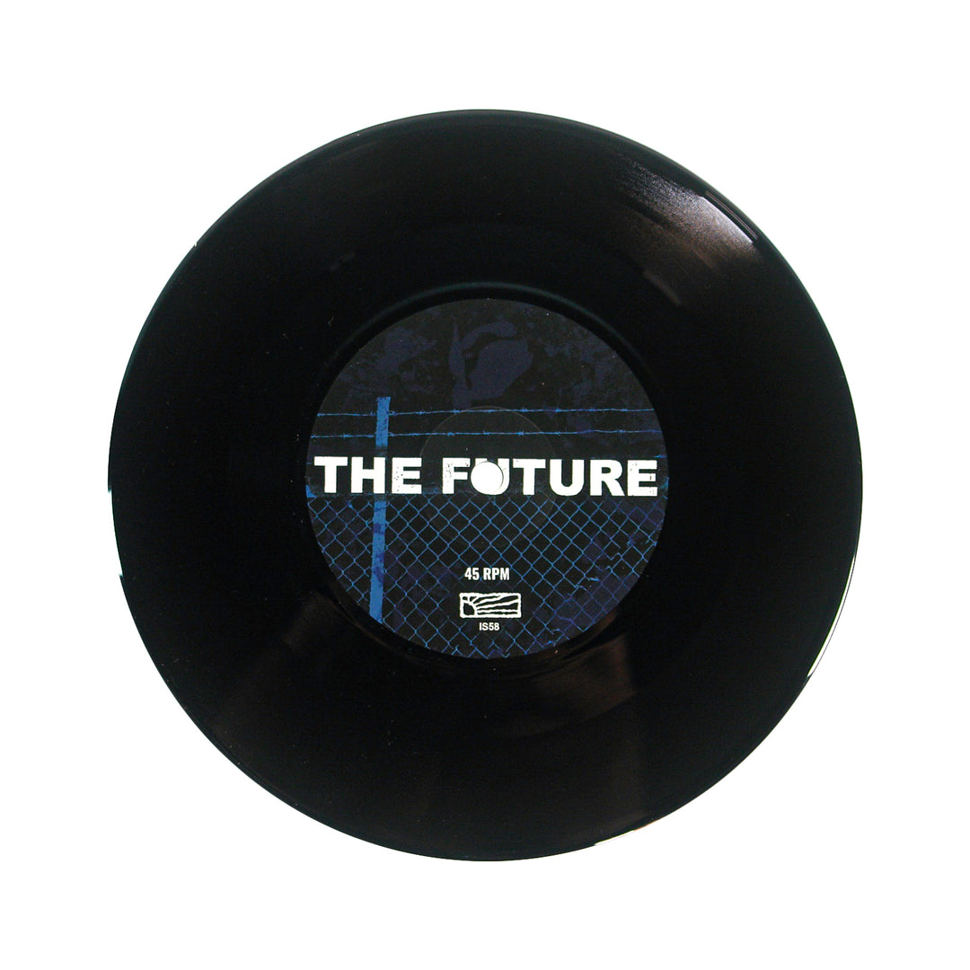 A black vinyl record with a blue label reading THE FUTURE in white, featuring the Die Young brand, 45 RPM, icons, and numbers. Inspired by Texas DIY hardcore and set against a grid pattern.