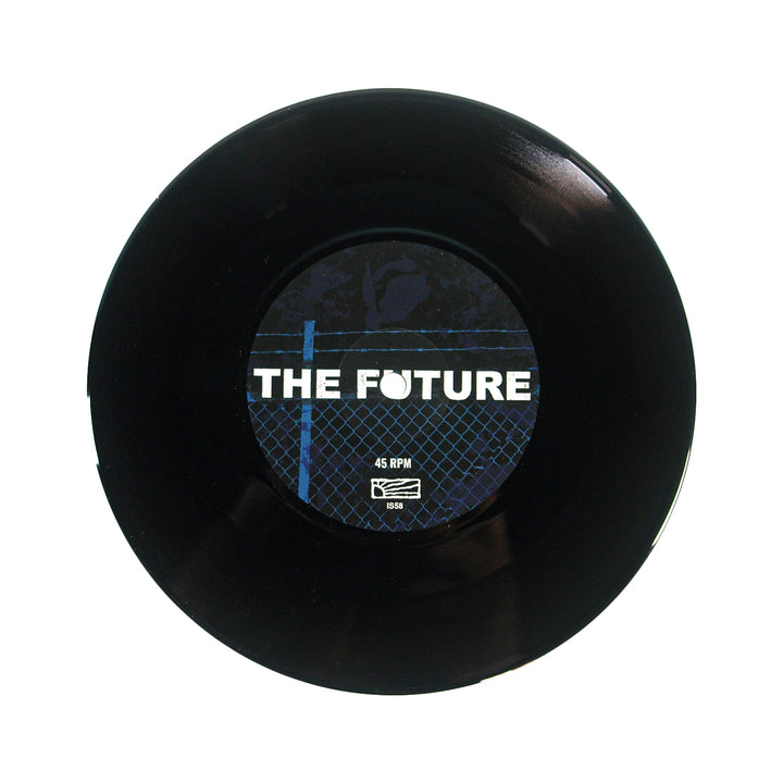 A black vinyl record with a blue label reading THE FUTURE in white, featuring the Die Young brand, 45 RPM, icons, and numbers. Inspired by Texas DIY hardcore and set against a grid pattern.