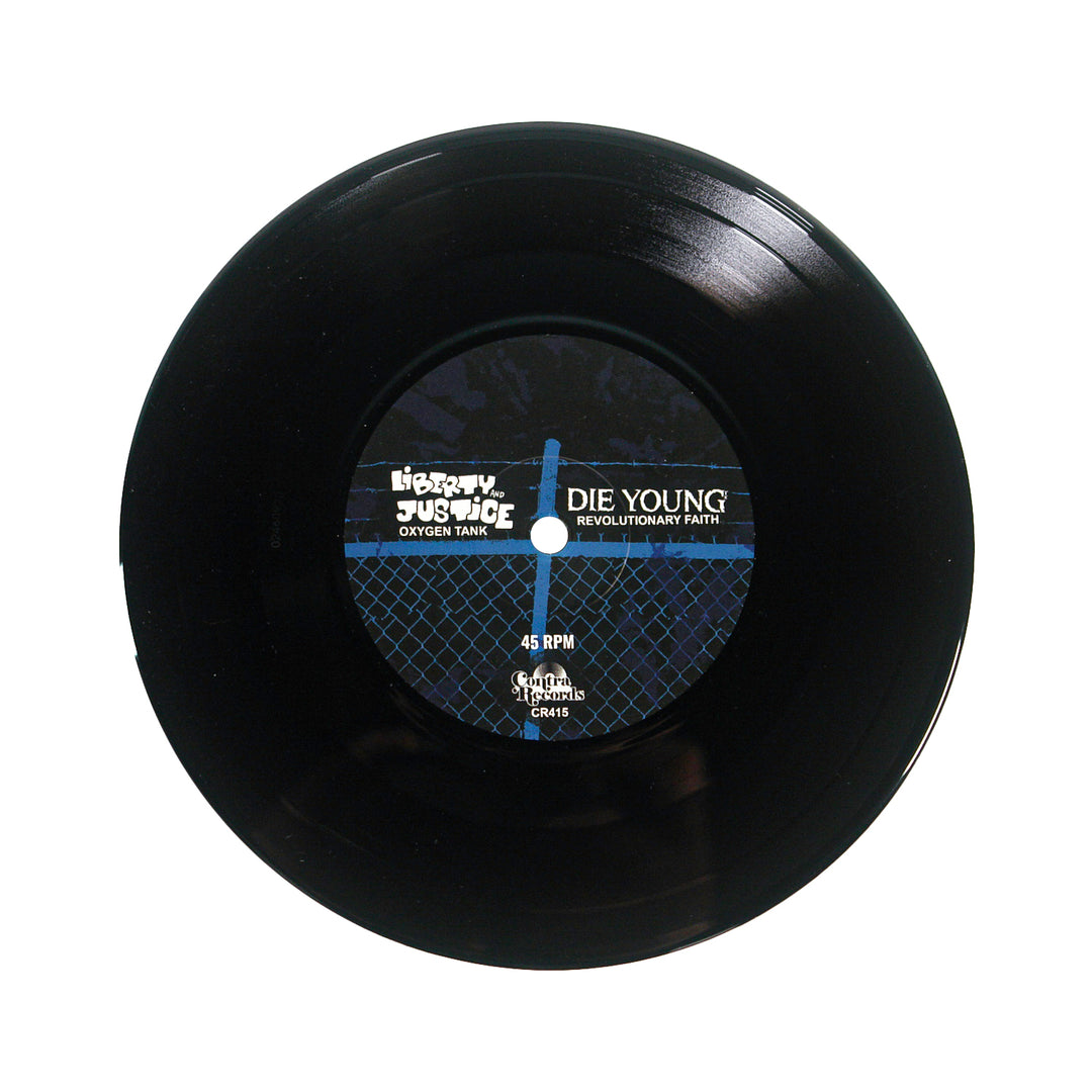 A black 45 RPM vinyl record with a blue and black label reading Oxygen Tank, Die Young (brand name), Revolutionary Faith, Justice, plus Texas DIY hardcore band and production info.