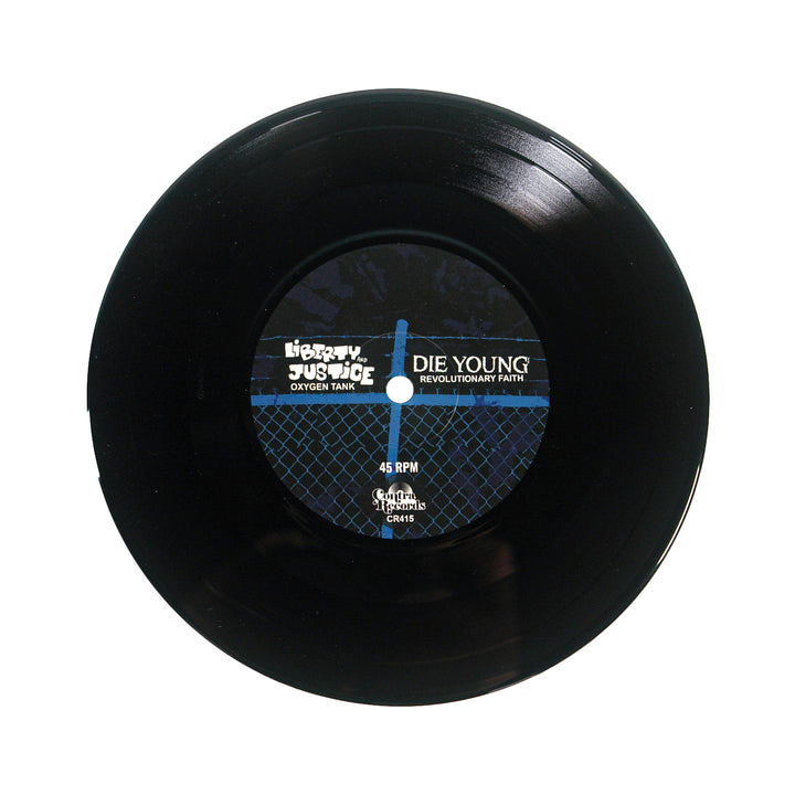 A black 45 RPM vinyl record with a blue and black label reading Oxygen Tank, Die Young (brand name), Revolutionary Faith, Justice, plus Texas DIY hardcore band and production info.